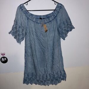 Women’s One-Shoulder Light Blue Dress with Eyelet Trim